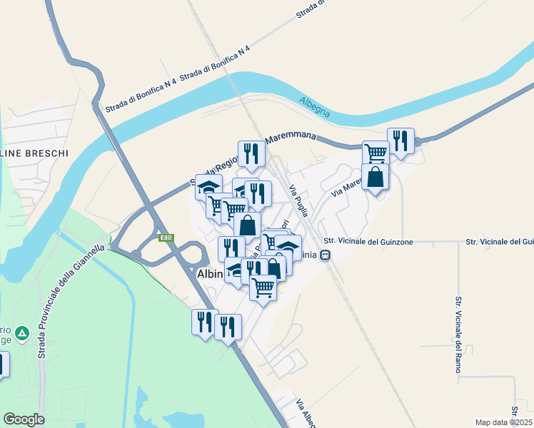 map of restaurants, bars, coffee shops, grocery stores, and more near 28 Via Antonio De Witt in Albinia