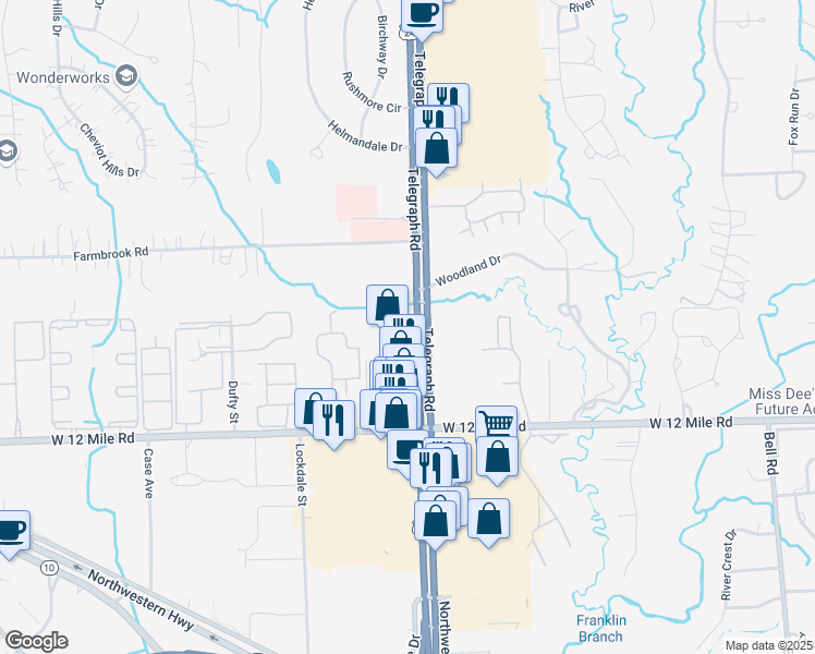map of restaurants, bars, coffee shops, grocery stores, and more near 29235 Telegraph Road in Southfield