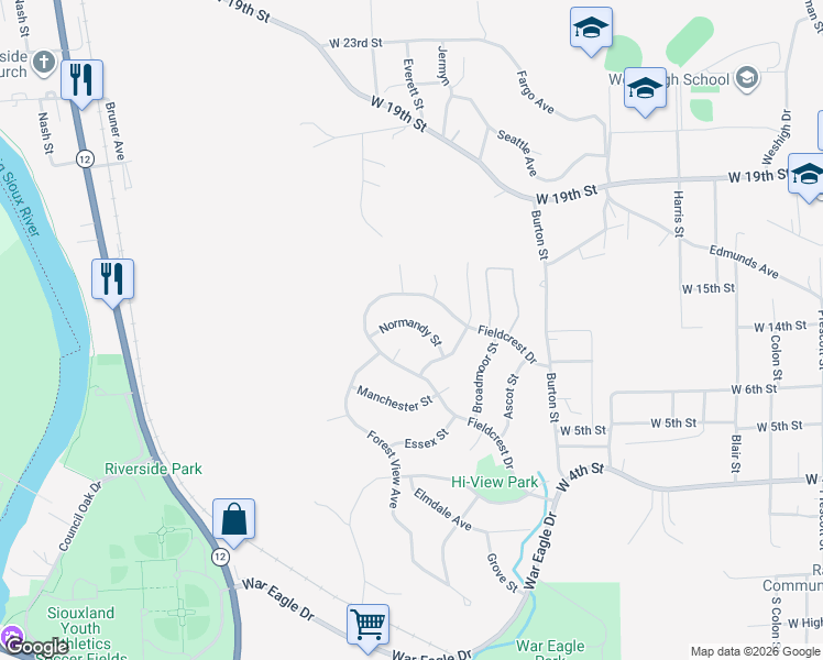 map of restaurants, bars, coffee shops, grocery stores, and more near 4036 Normandy Street in Sioux City