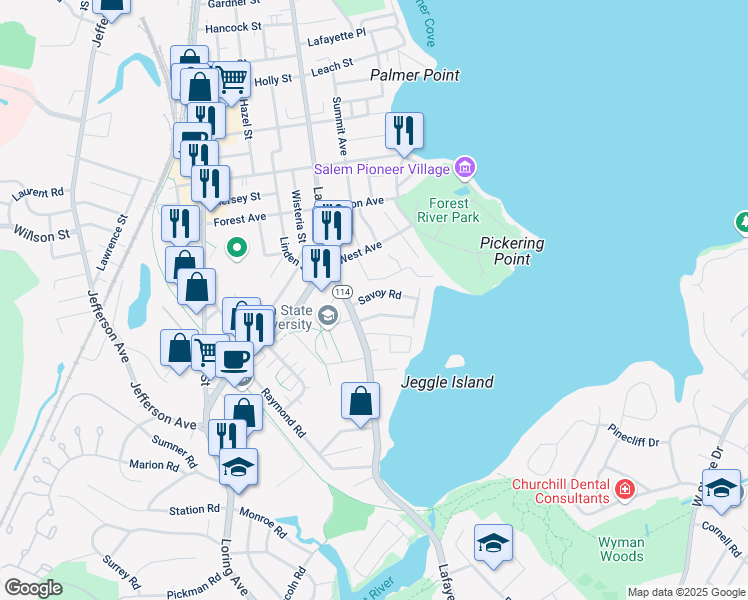 map of restaurants, bars, coffee shops, grocery stores, and more near 12 Savoy Road in Salem