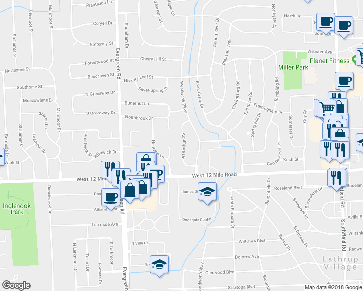 map of restaurants, bars, coffee shops, grocery stores, and more near 29271 Southgate Drive in Southfield