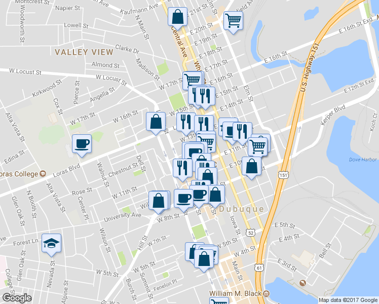 map of restaurants, bars, coffee shops, grocery stores, and more near 1199 Main St in Dubuque