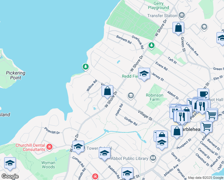 map of restaurants, bars, coffee shops, grocery stores, and more near 121 Village Street in Marblehead