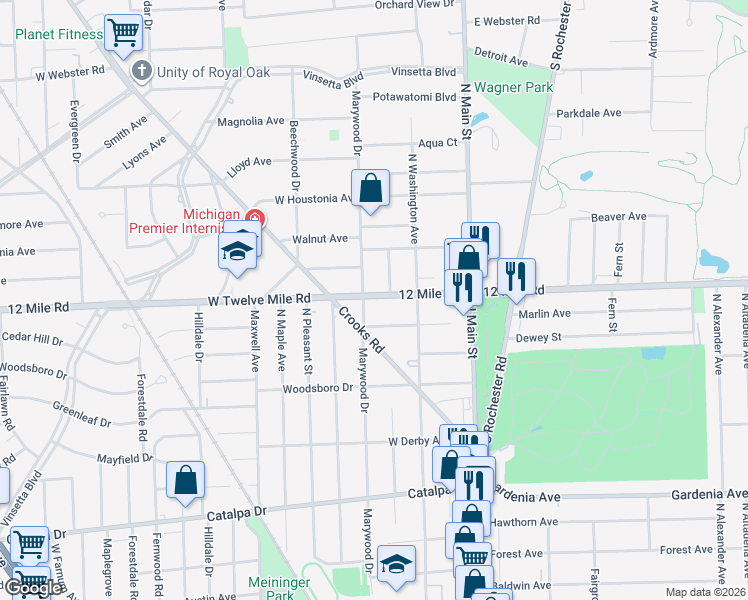 map of restaurants, bars, coffee shops, grocery stores, and more near 427 Twelve Mile Road in Royal Oak