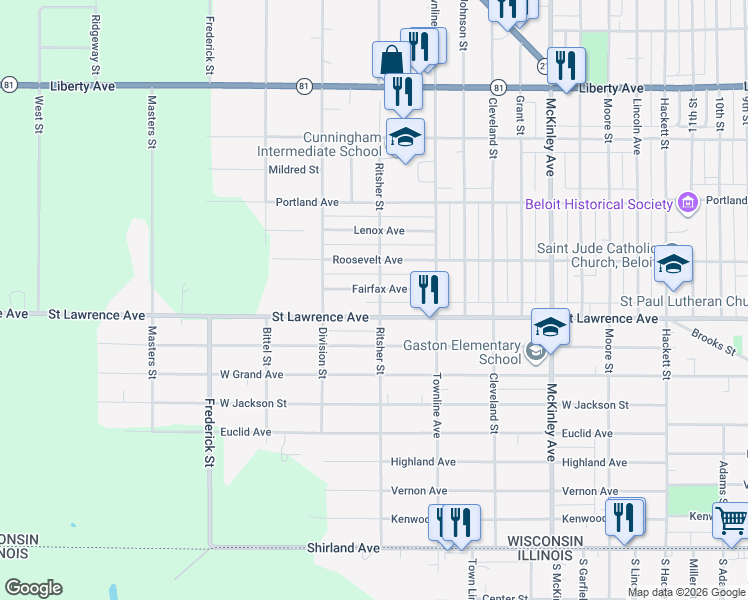 map of restaurants, bars, coffee shops, grocery stores, and more near 2002 Fairfax Avenue in Beloit