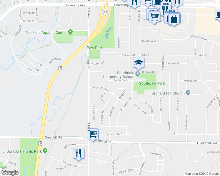 map of restaurants, bars, coffee shops, grocery stores, and more near 3726 Convair Lane in Cedar Falls