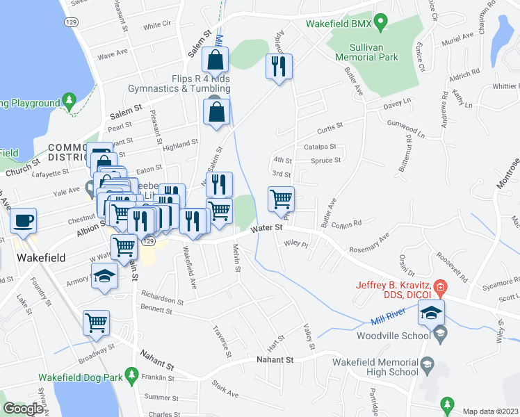 map of restaurants, bars, coffee shops, grocery stores, and more near 15G Water Street in Wakefield