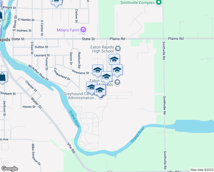 map of restaurants, bars, coffee shops, grocery stores, and more near 815 Greyhound Drive in Eaton Rapids
