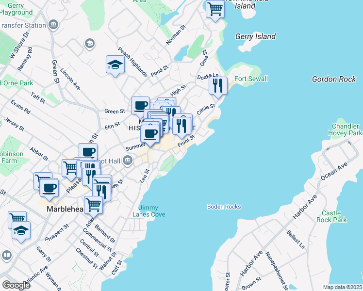 map of restaurants, bars, coffee shops, grocery stores, and more near 4 Ferry Lane in Marblehead
