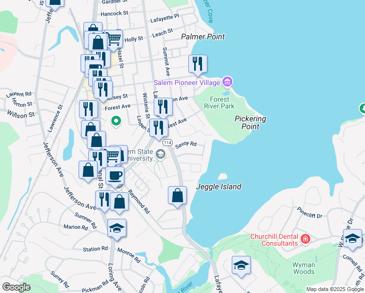 map of restaurants, bars, coffee shops, grocery stores, and more near 12 Savoy Road in Salem