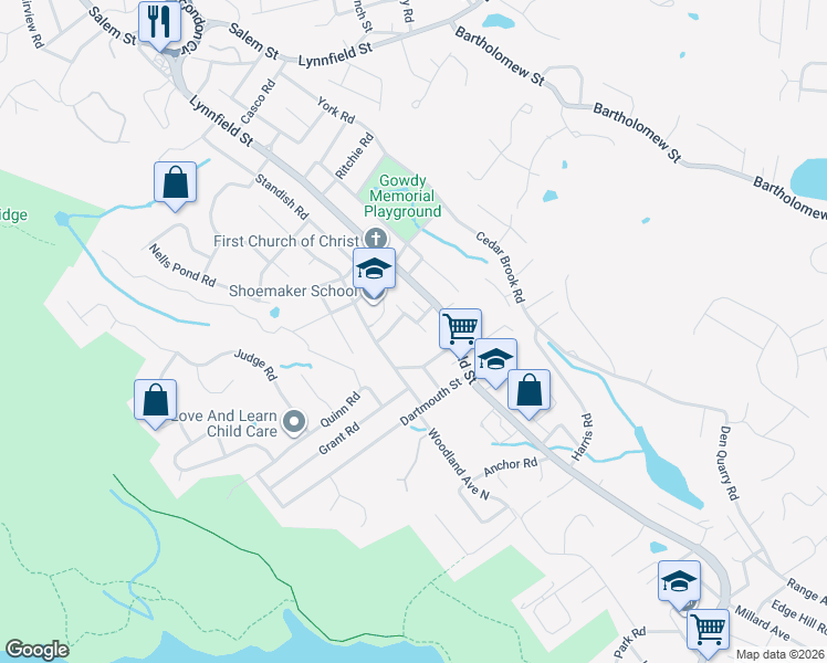 map of restaurants, bars, coffee shops, grocery stores, and more near 5 Stocker Avenue in Lynn