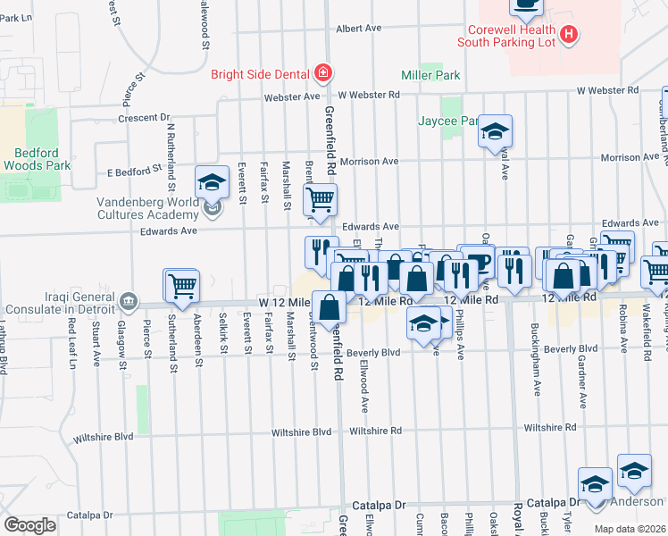 map of restaurants, bars, coffee shops, grocery stores, and more near 29101 Greenfield Road in Southfield