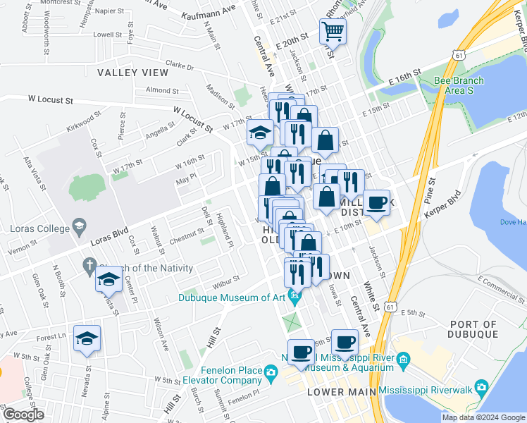 map of restaurants, bars, coffee shops, grocery stores, and more near 1243 Locust Street in Dubuque
