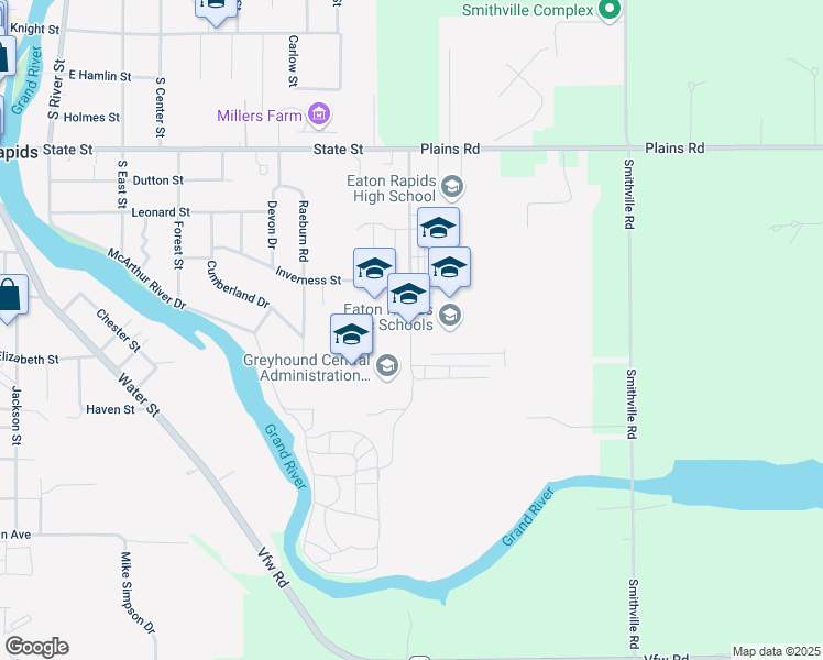 map of restaurants, bars, coffee shops, grocery stores, and more near 815 Greyhound Drive in Eaton Rapids