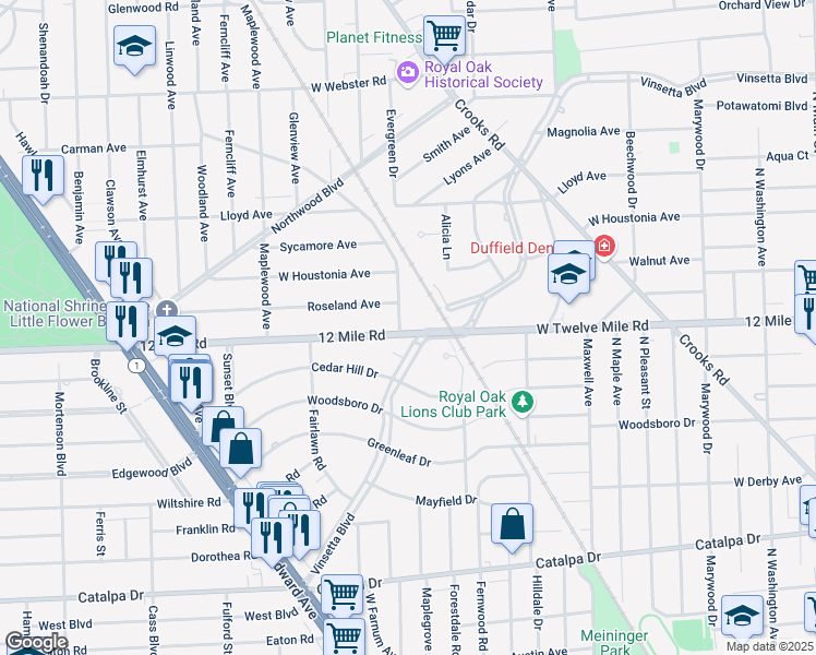 map of restaurants, bars, coffee shops, grocery stores, and more near 1806 Evergreen Drive in Royal Oak