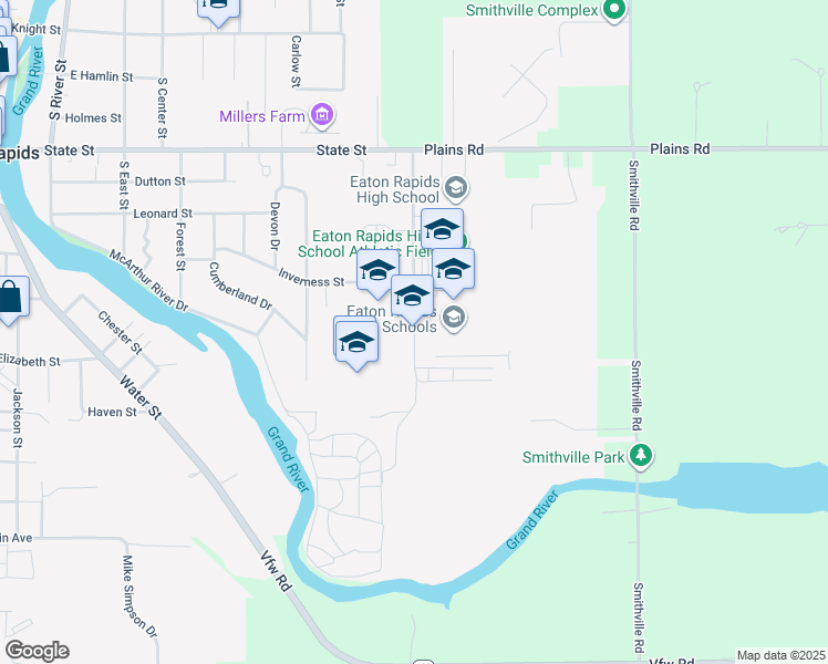 map of restaurants, bars, coffee shops, grocery stores, and more near 810 Greyhound Drive in Eaton Rapids