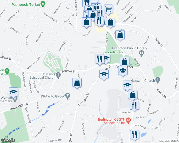 map of restaurants, bars, coffee shops, grocery stores, and more near 29 Bedford Street in Burlington