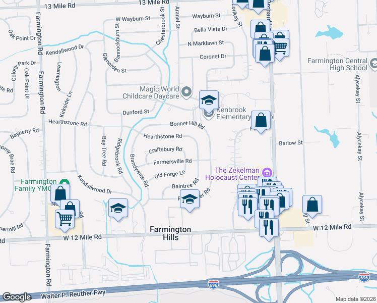 map of restaurants, bars, coffee shops, grocery stores, and more near 32125 Hearthstone Road in Farmington Hills