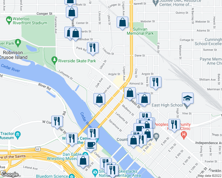 map of restaurants, bars, coffee shops, grocery stores, and more near 410-412 Thompson Avenue in Waterloo