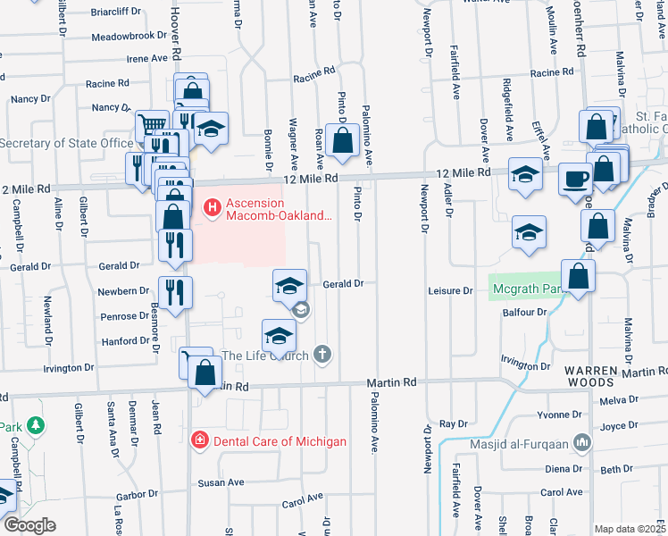 map of restaurants, bars, coffee shops, grocery stores, and more near 28581 Roan Drive in Warren