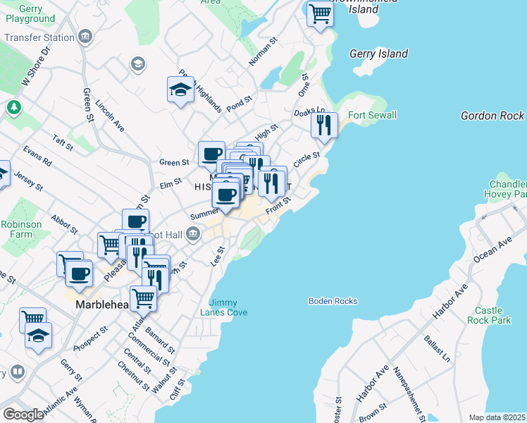 map of restaurants, bars, coffee shops, grocery stores, and more near 60 Front Street in Marblehead