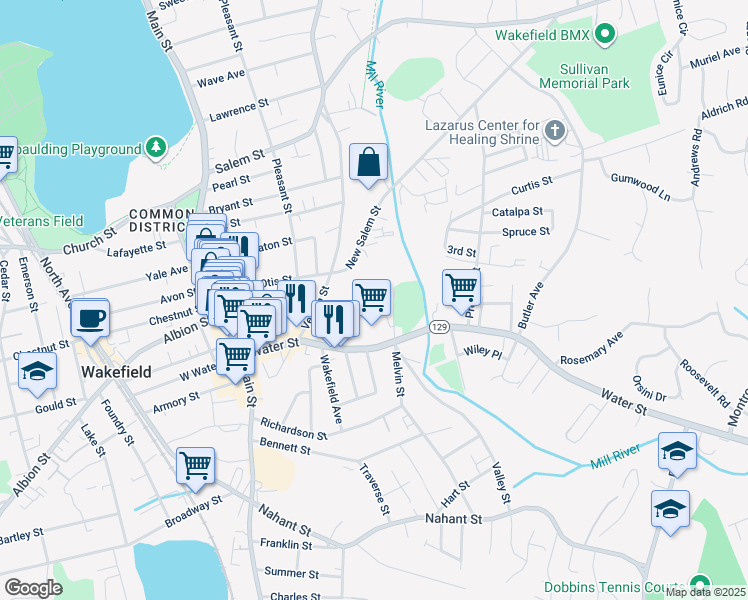 map of restaurants, bars, coffee shops, grocery stores, and more near 7 Melvin Street in Wakefield