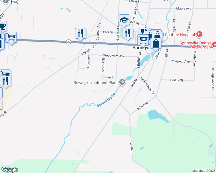 map of restaurants, bars, coffee shops, grocery stores, and more near 175 South Central Avenue in Springville