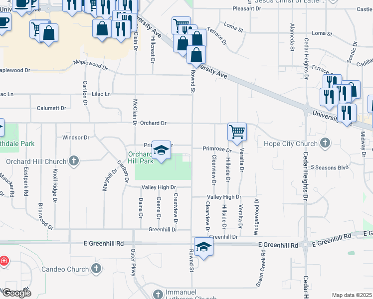 map of restaurants, bars, coffee shops, grocery stores, and more near 3807 Rownd Street in Cedar Falls