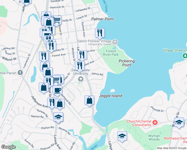 map of restaurants, bars, coffee shops, grocery stores, and more near 12 Savoy Road in Salem