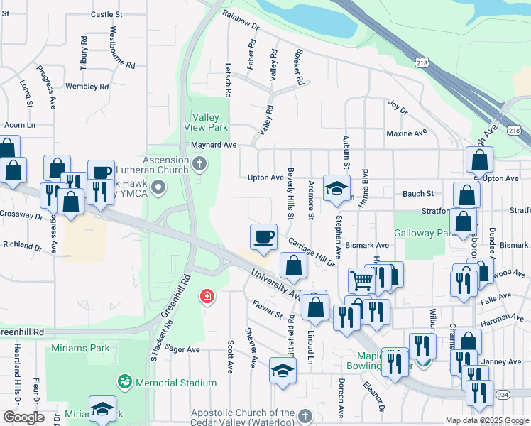 map of restaurants, bars, coffee shops, grocery stores, and more near 1819 Coachman Dr in Waterloo