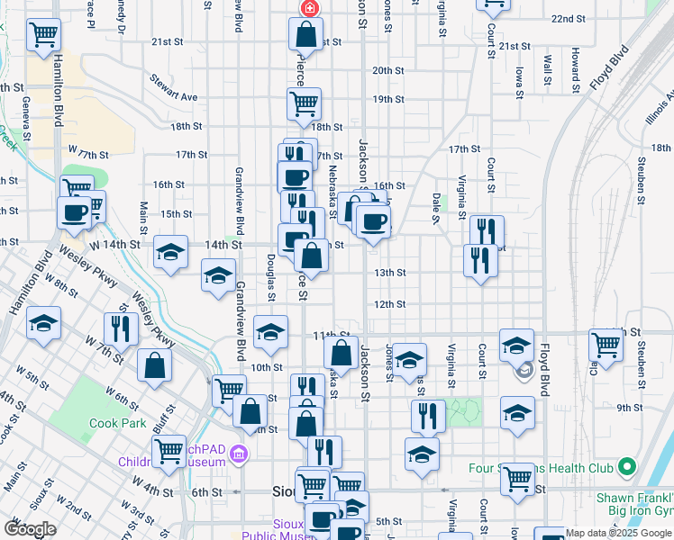 map of restaurants, bars, coffee shops, grocery stores, and more near 613-15 13th Street in Sioux City
