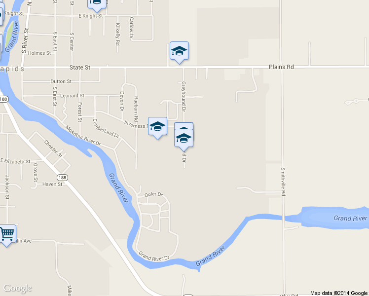 map of restaurants, bars, coffee shops, grocery stores, and more near 917 Greyhound Drive in Eaton Rapids