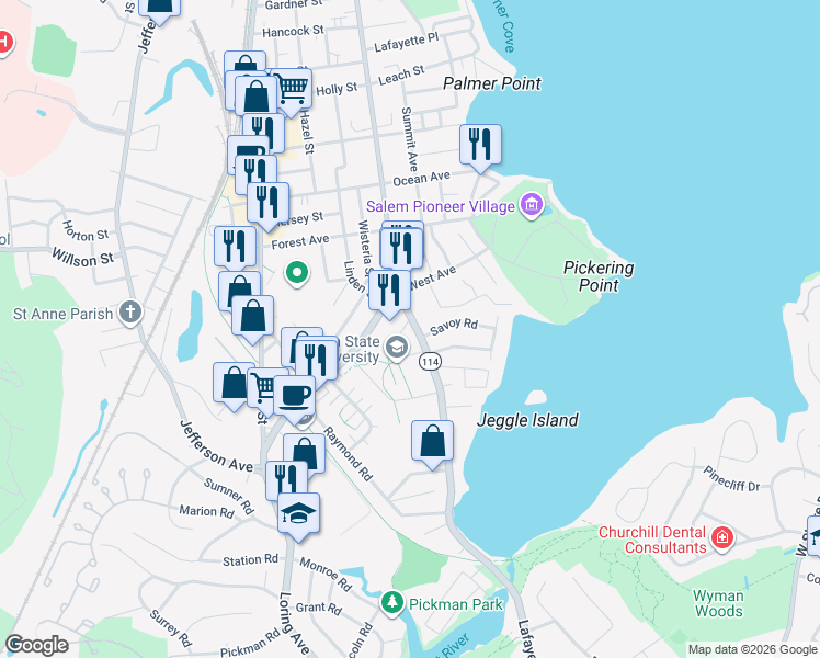 map of restaurants, bars, coffee shops, grocery stores, and more near 354 Lafayette Street in Salem