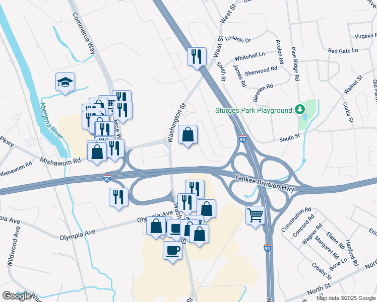map of restaurants, bars, coffee shops, grocery stores, and more near 425 Washington Street in Woburn