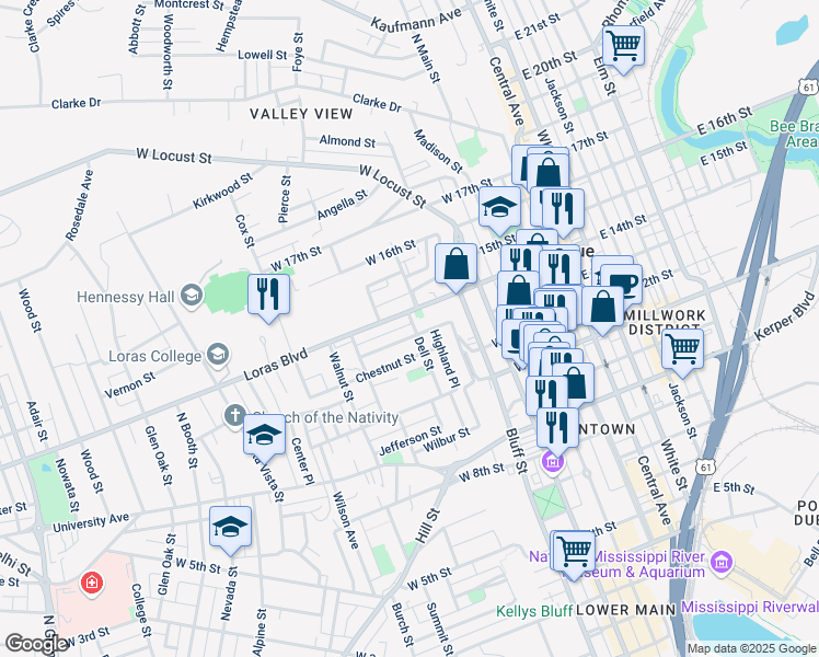 map of restaurants, bars, coffee shops, grocery stores, and more near 1335 Dell Street in Dubuque