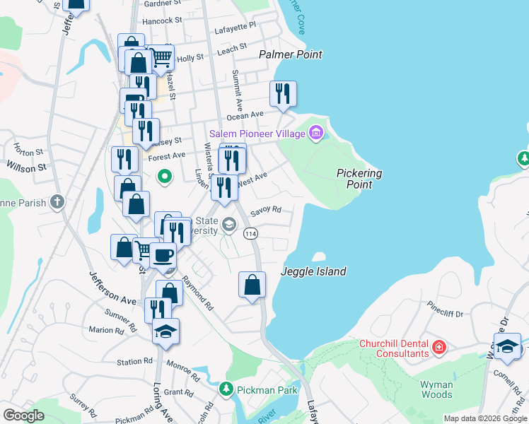 map of restaurants, bars, coffee shops, grocery stores, and more near 12 Savoy Road in Salem