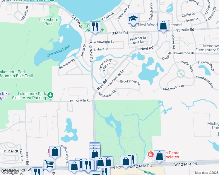 map of restaurants, bars, coffee shops, grocery stores, and more near 28826 Hearthstone Drive in Novi