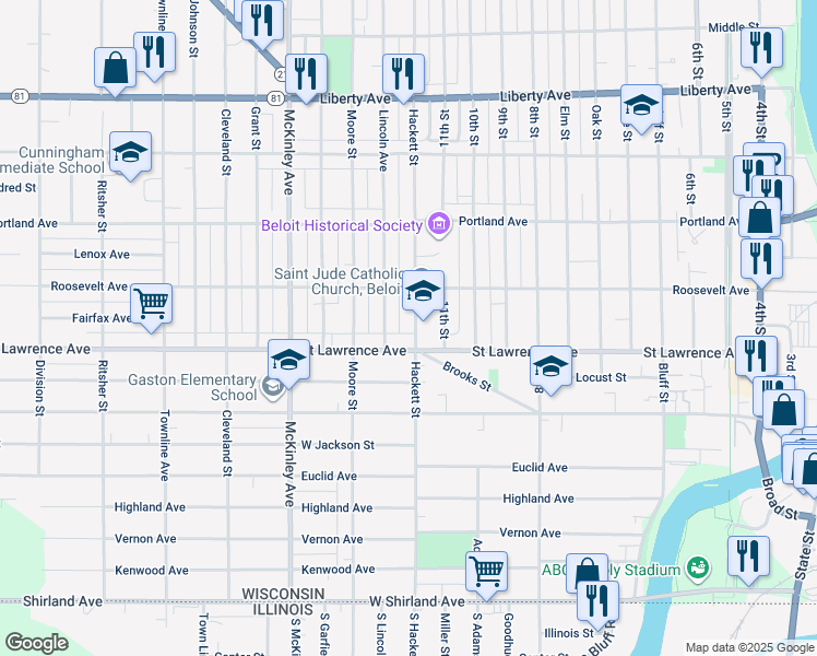 map of restaurants, bars, coffee shops, grocery stores, and more near 716 Hackett Street in Beloit