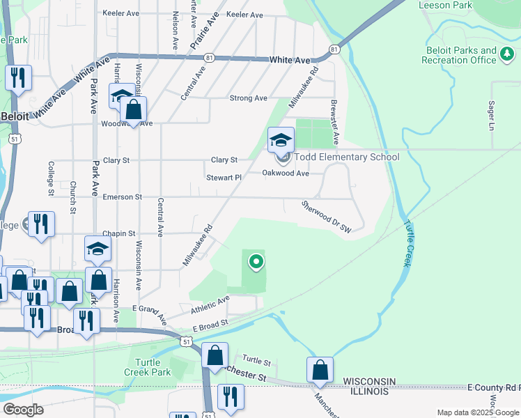 map of restaurants, bars, coffee shops, grocery stores, and more near 1614 Emerson Street in Beloit