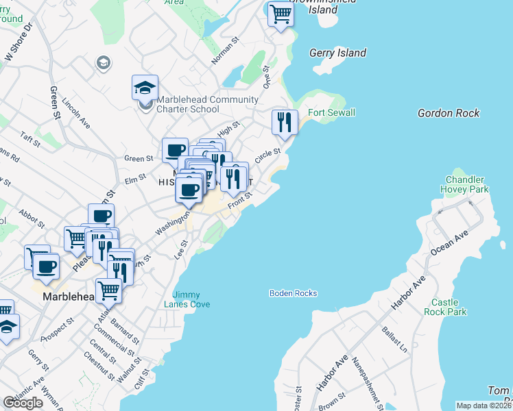 map of restaurants, bars, coffee shops, grocery stores, and more near 95 Front Street in Marblehead