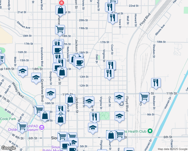 map of restaurants, bars, coffee shops, grocery stores, and more near 900-910 13th Street in Sioux City