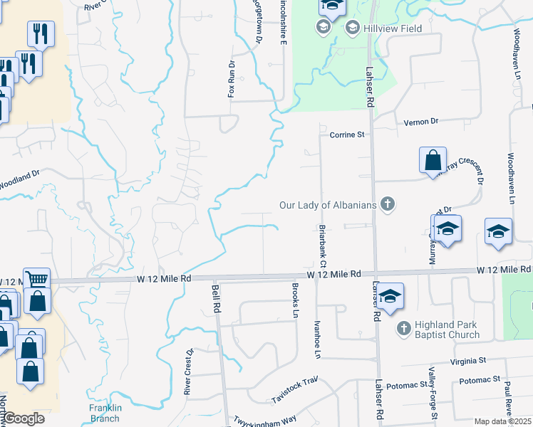map of restaurants, bars, coffee shops, grocery stores, and more near 29380 Brooks Ln in Southfield