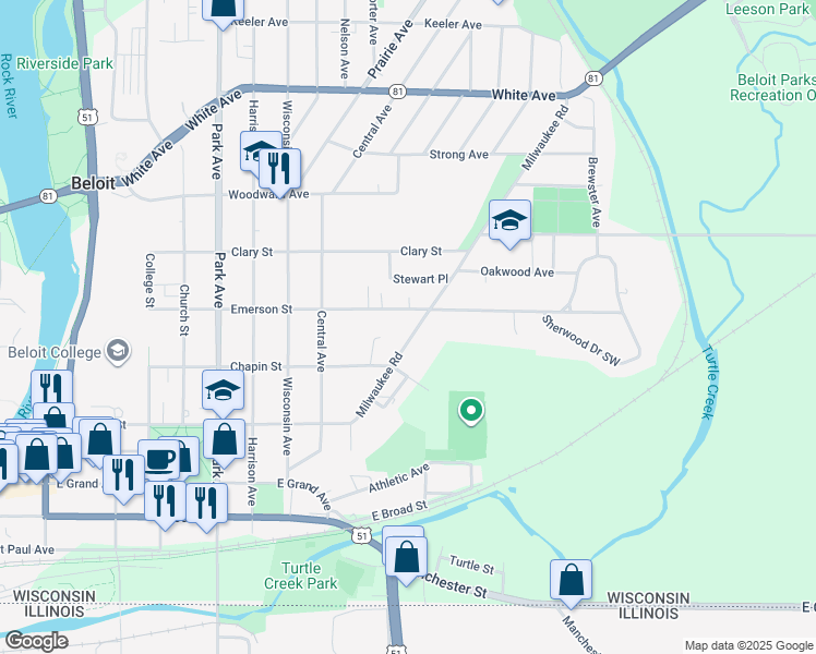 map of restaurants, bars, coffee shops, grocery stores, and more near 744 Milwaukee Road in Beloit