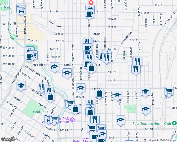 map of restaurants, bars, coffee shops, grocery stores, and more near 501 13th Street in Sioux City