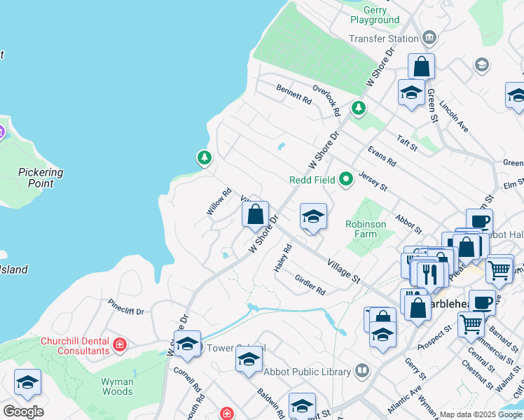 map of restaurants, bars, coffee shops, grocery stores, and more near 121 Village Street in Marblehead