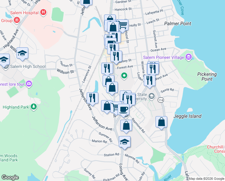map of restaurants, bars, coffee shops, grocery stores, and more near 96 Broadway in Salem