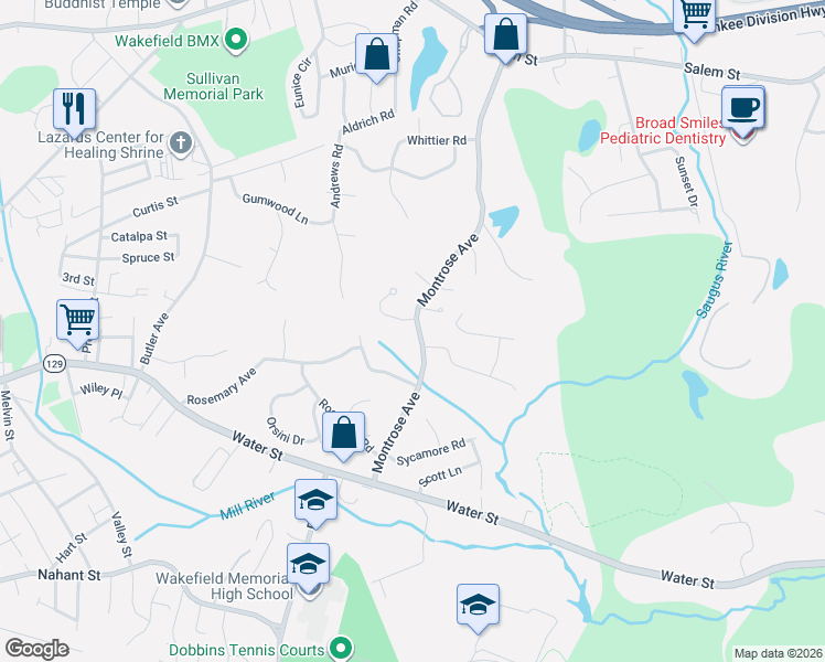 map of restaurants, bars, coffee shops, grocery stores, and more near 68 Montrose Avenue in Wakefield