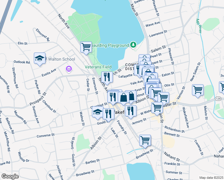 map of restaurants, bars, coffee shops, grocery stores, and more near 45 Avon Street in Wakefield