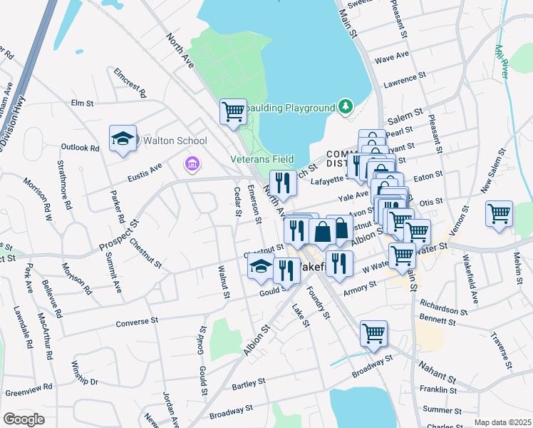 map of restaurants, bars, coffee shops, grocery stores, and more near 11 Avon Court in Wakefield