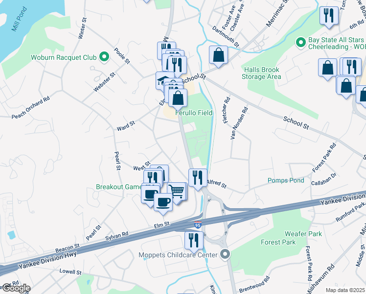 map of restaurants, bars, coffee shops, grocery stores, and more near 5 Patricia Circle in Woburn